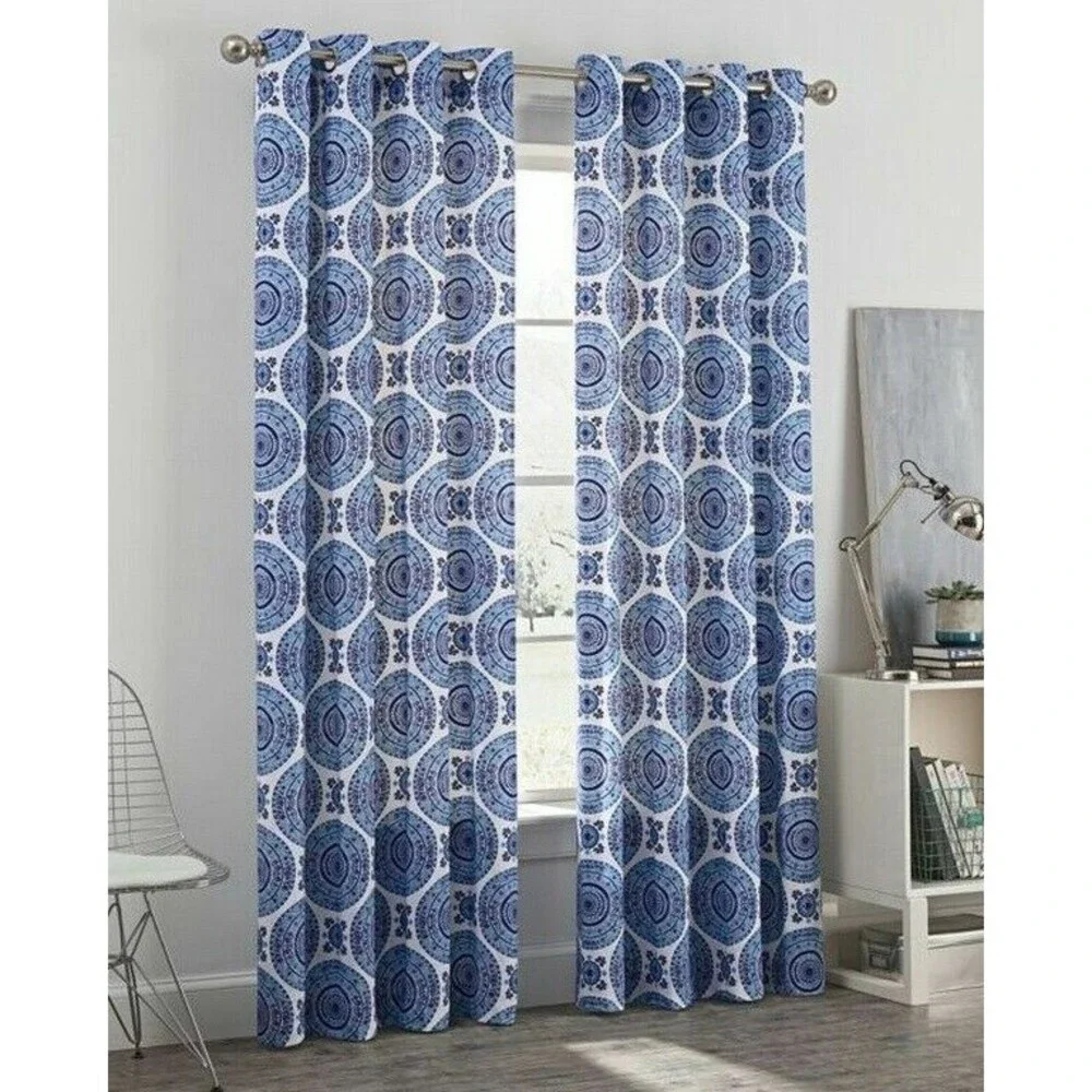 Blue Medallion Grommet Window Curtains 84